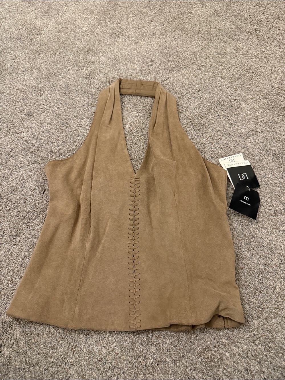 DD Collection Suede-Look leather Halter Tank Taupe Lace up detail size 10 NEW